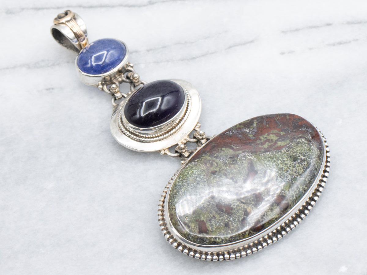 Sterling Silver Three-Tiered Cabochon Drop Pendant with Gold Accents on Bail