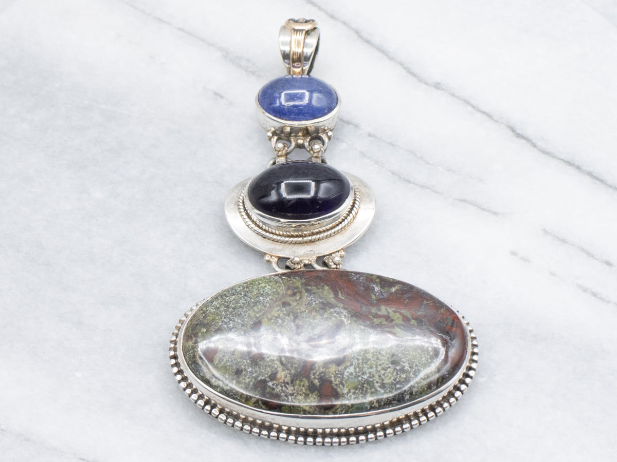 Sterling Silver Three-Tiered Cabochon Drop Pendant with Gold Accents on Bail