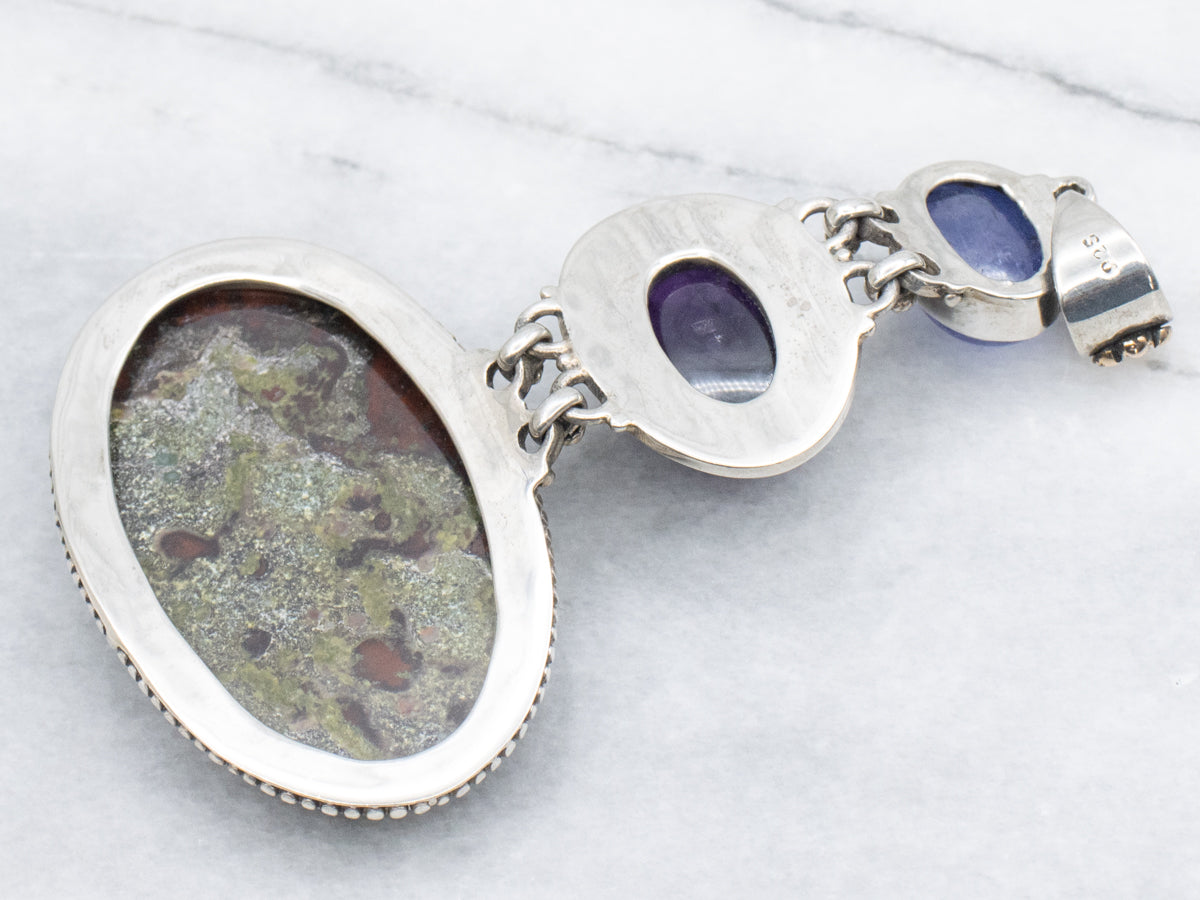 Sterling Silver Three-Tiered Cabochon Drop Pendant with Gold Accents on Bail