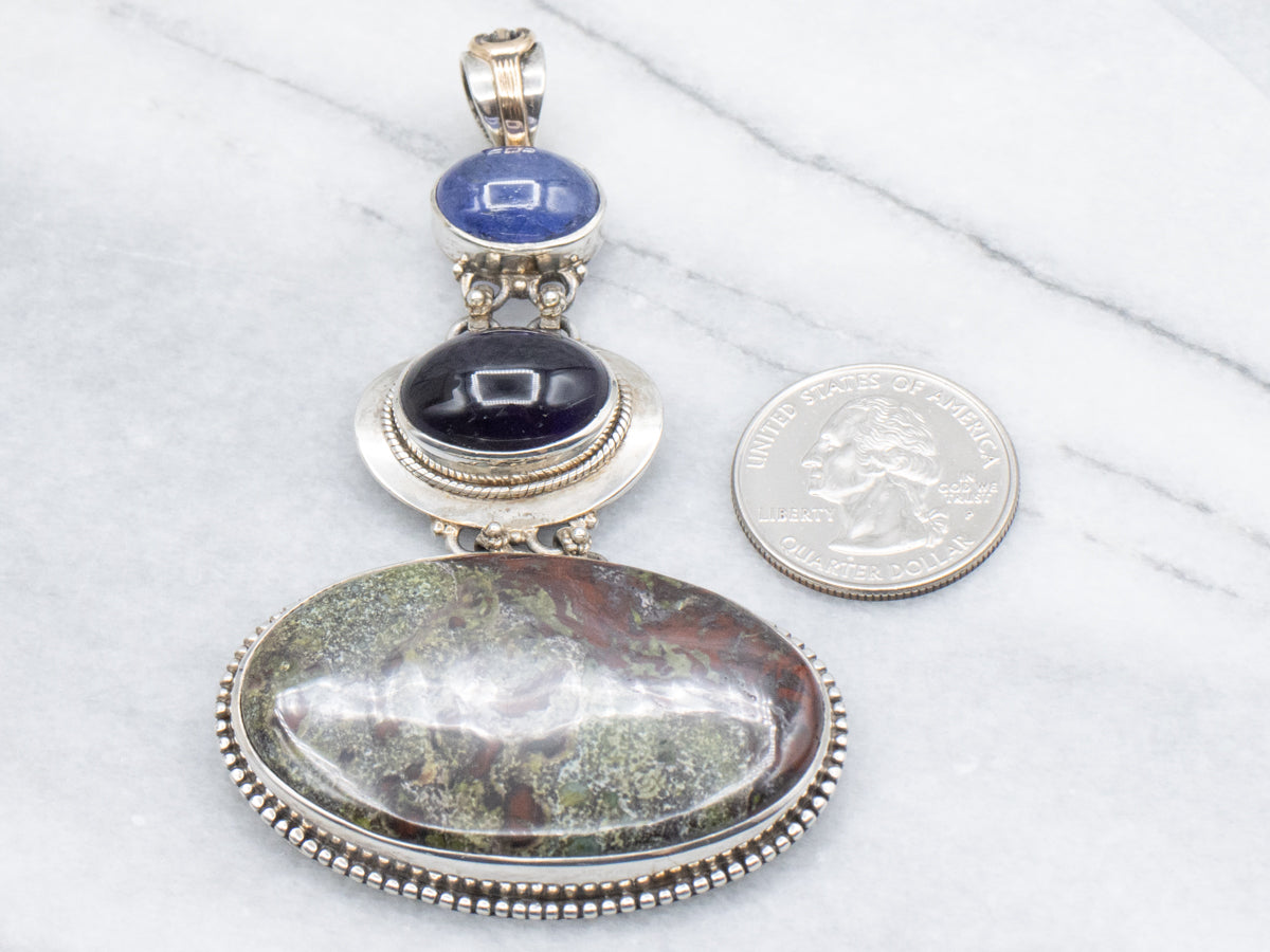 Sterling Silver Three-Tiered Cabochon Drop Pendant with Gold Accents on Bail