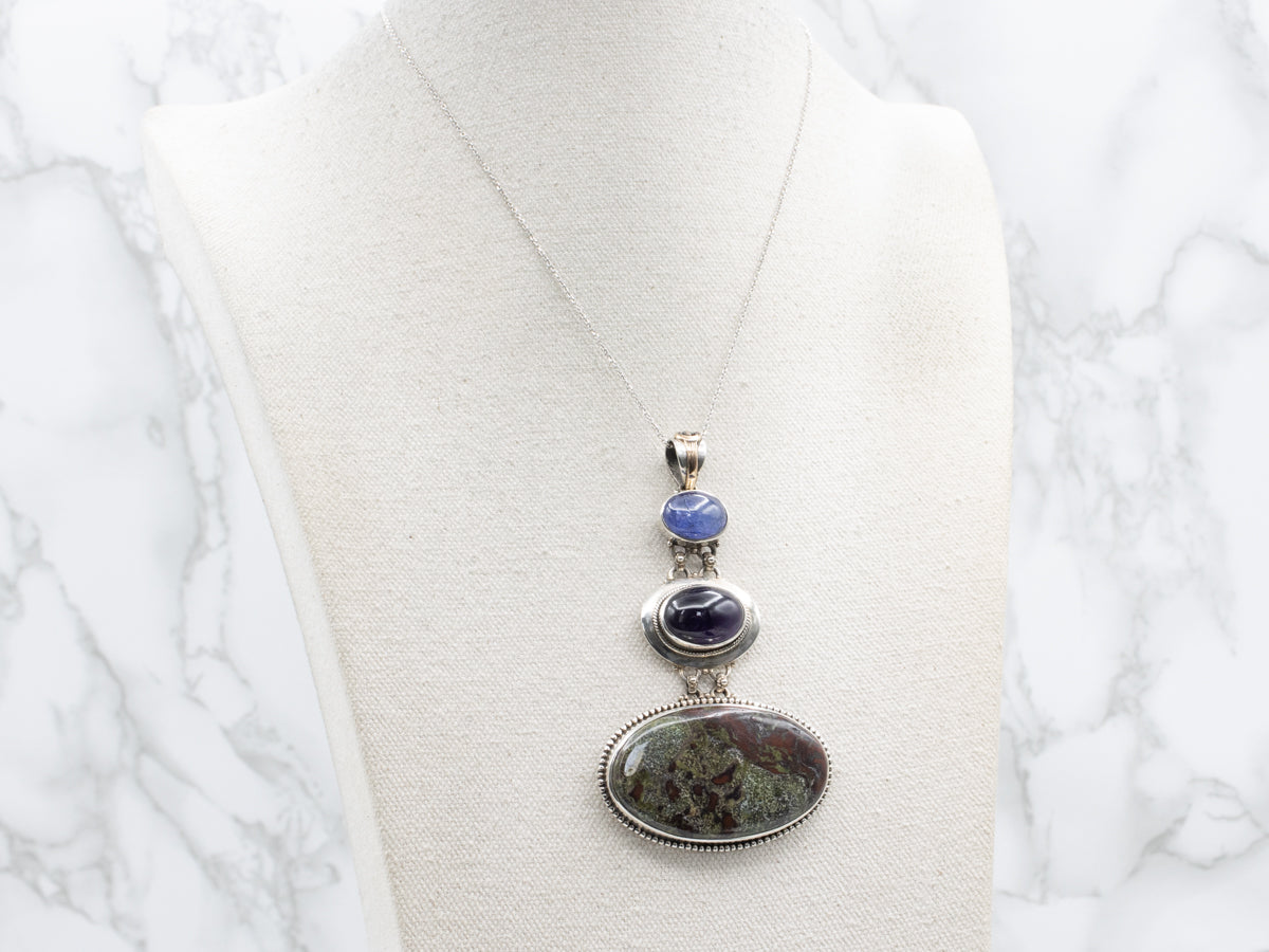 Sterling Silver Three-Tiered Cabochon Drop Pendant with Gold Accents on Bail