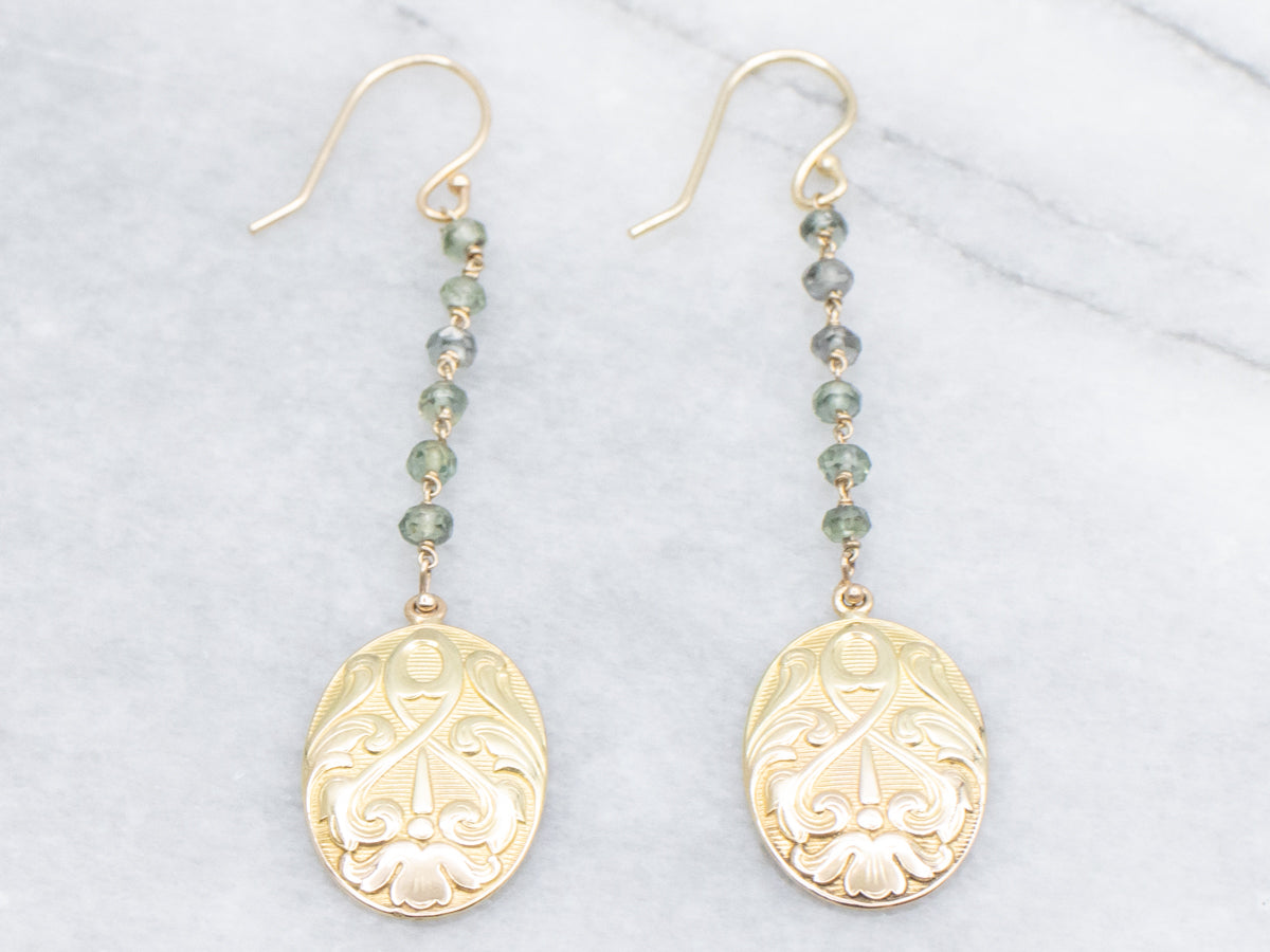 Art Nouveau Green Sapphire Bead Scrolling Pattern Drop Earrings