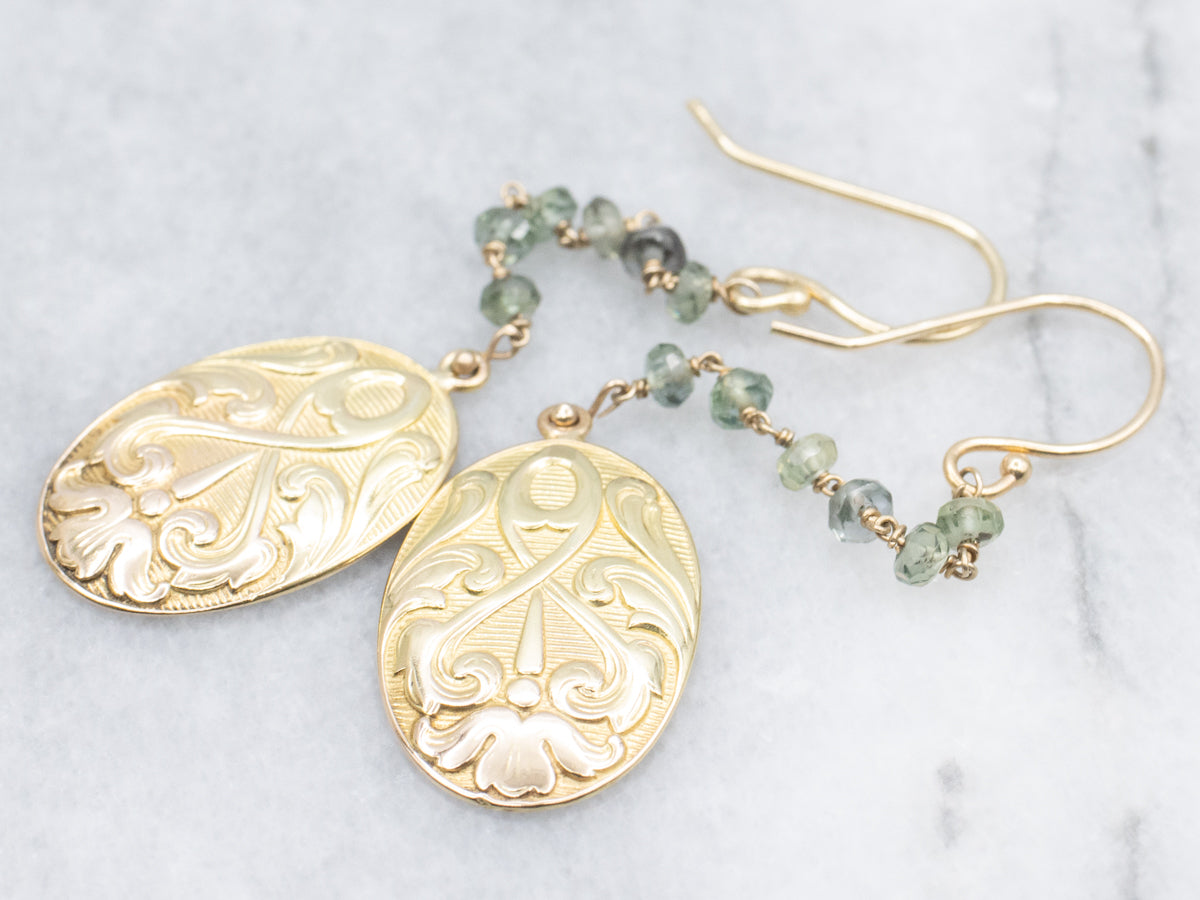 Art Nouveau Green Sapphire Bead Scrolling Pattern Drop Earrings