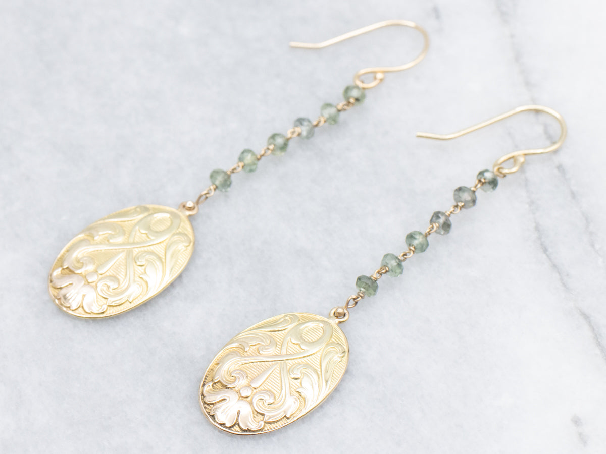 Art Nouveau Green Sapphire Bead Scrolling Pattern Drop Earrings