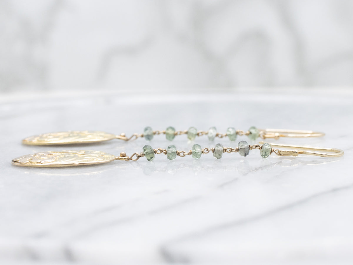 Art Nouveau Green Sapphire Bead Scrolling Pattern Drop Earrings