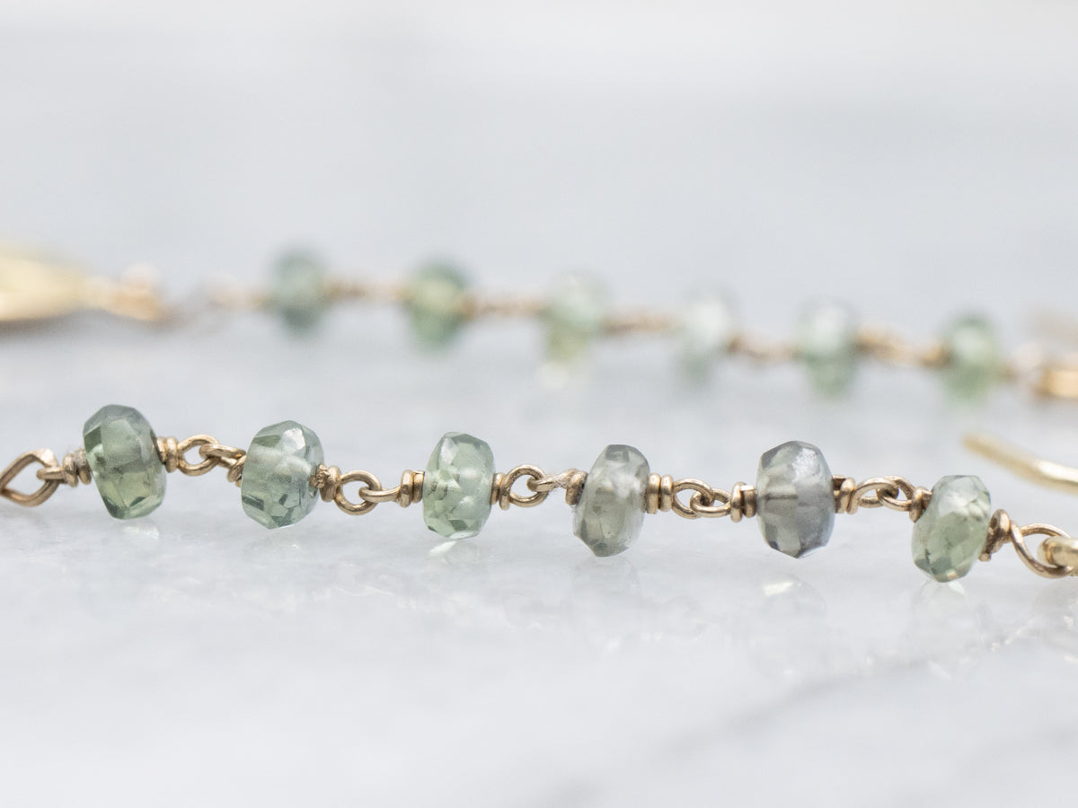 Art Nouveau Green Sapphire Bead Scrolling Pattern Drop Earrings