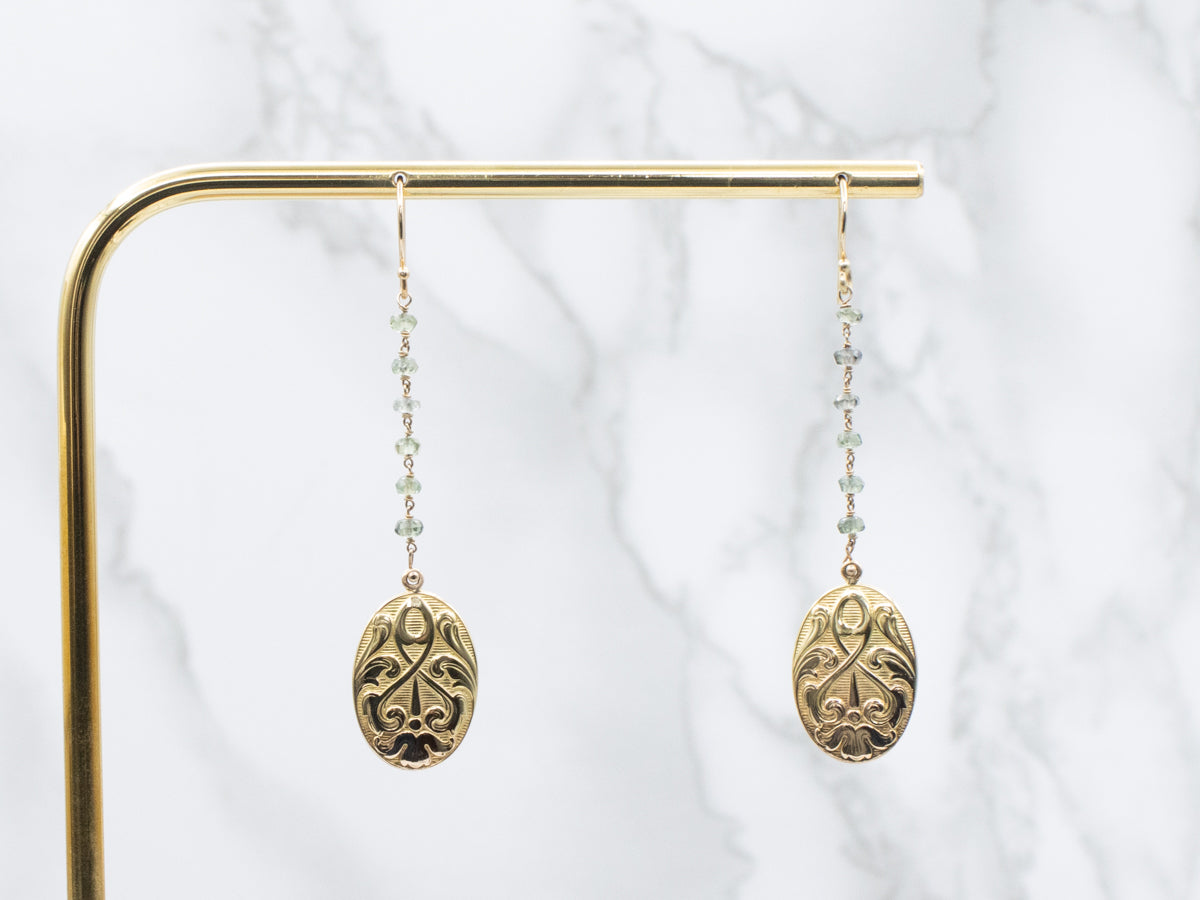 Art Nouveau Green Sapphire Bead Scrolling Pattern Drop Earrings