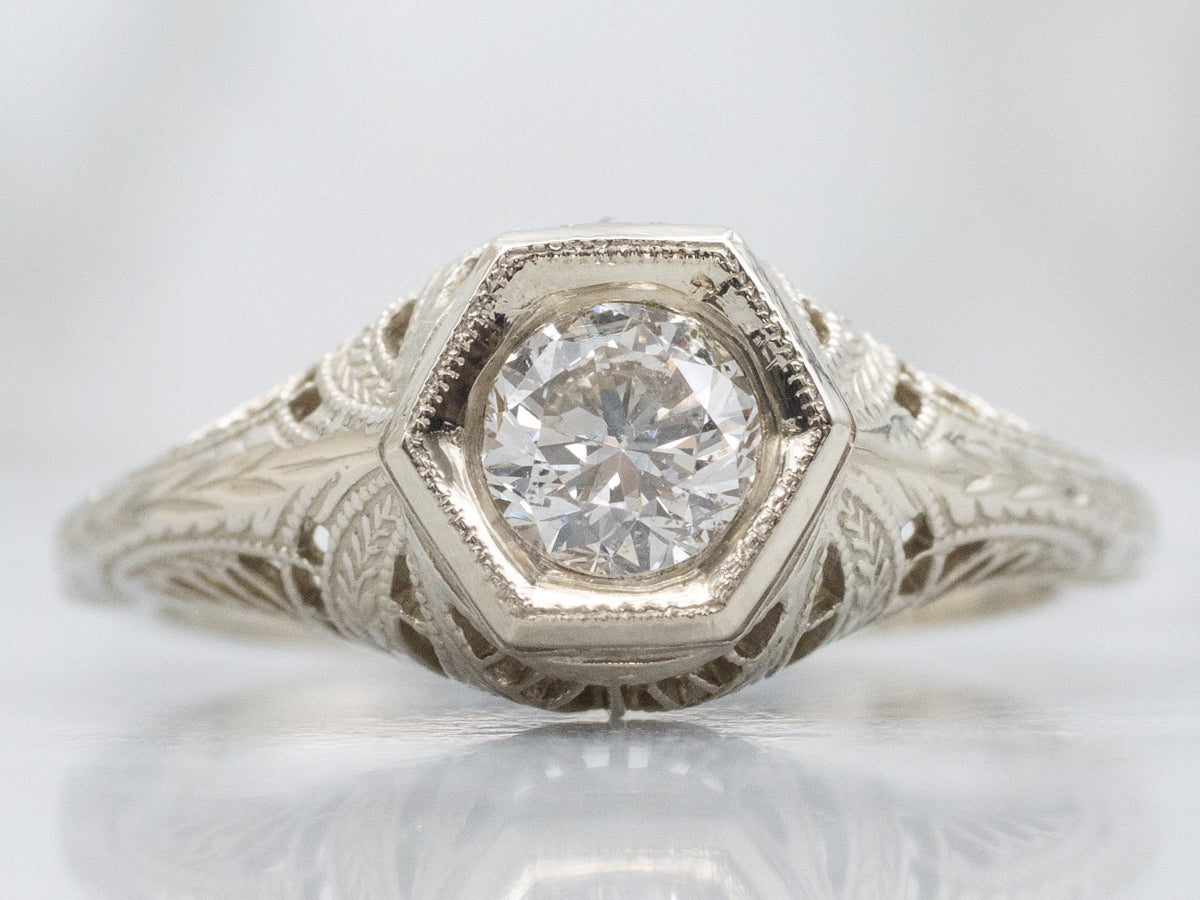 Diamond Late Art Deco-Era White Gold Filigree Solitaire Ring