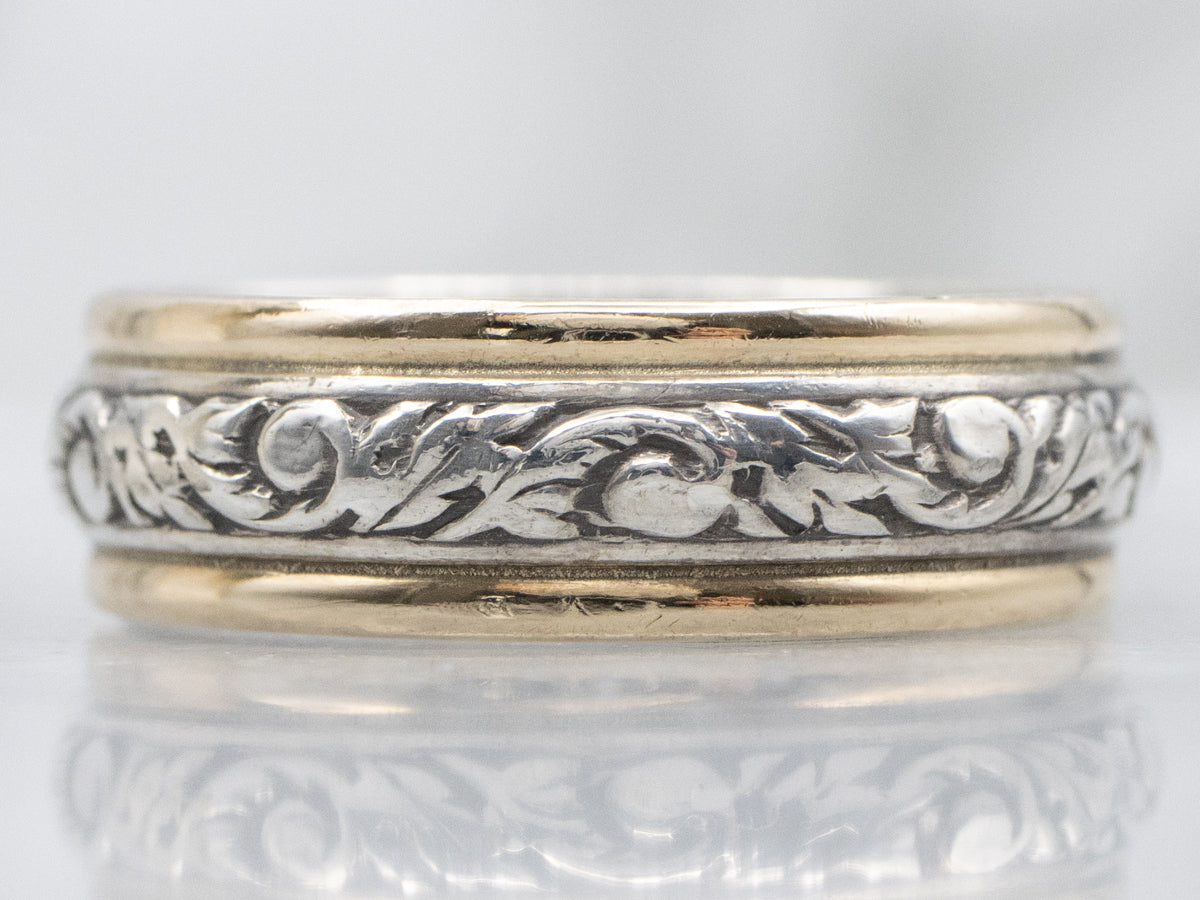 Vintage Sterling Silver Flourish Pattern Center Band with Yellow Gold Edges