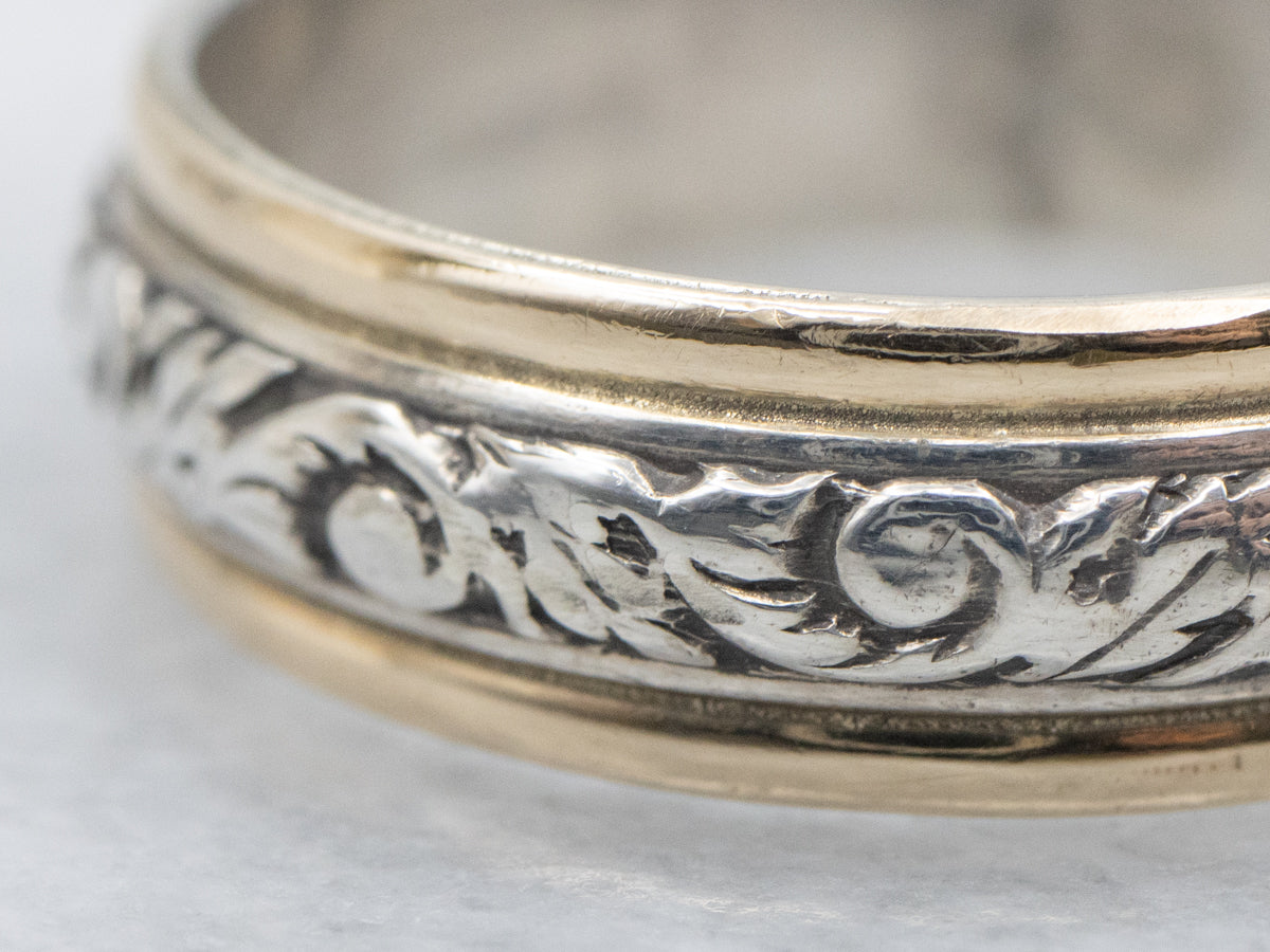 Vintage Sterling Silver Flourish Pattern Center Band with Yellow Gold Edges