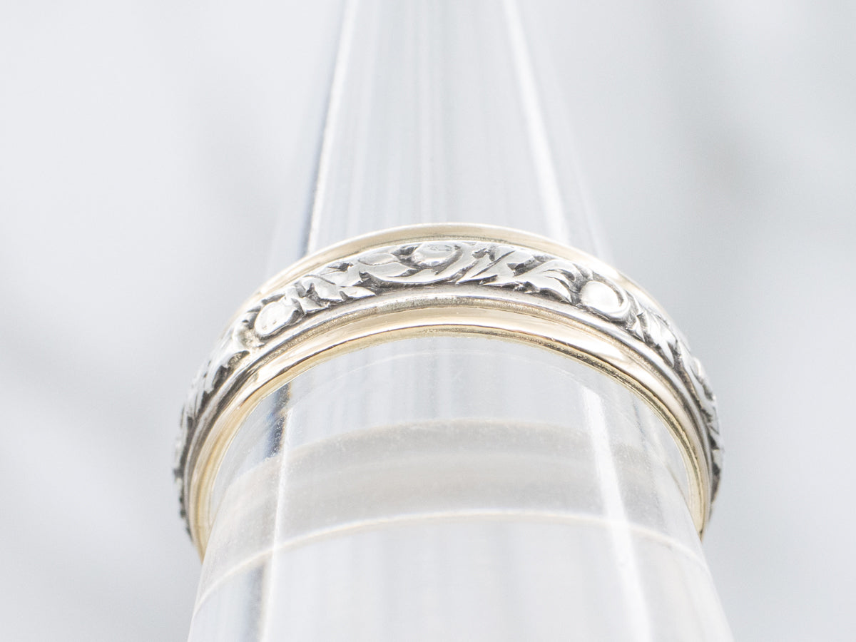 Vintage Sterling Silver Flourish Pattern Center Band with Yellow Gold Edges
