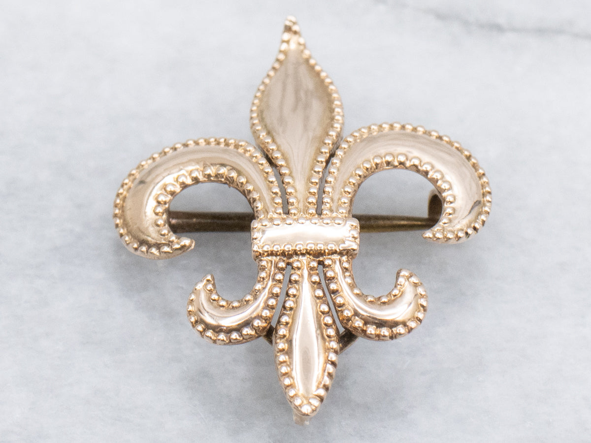 Antique Gold Fleur de Lis with Milgrain Edge Watch Pin or Pendant