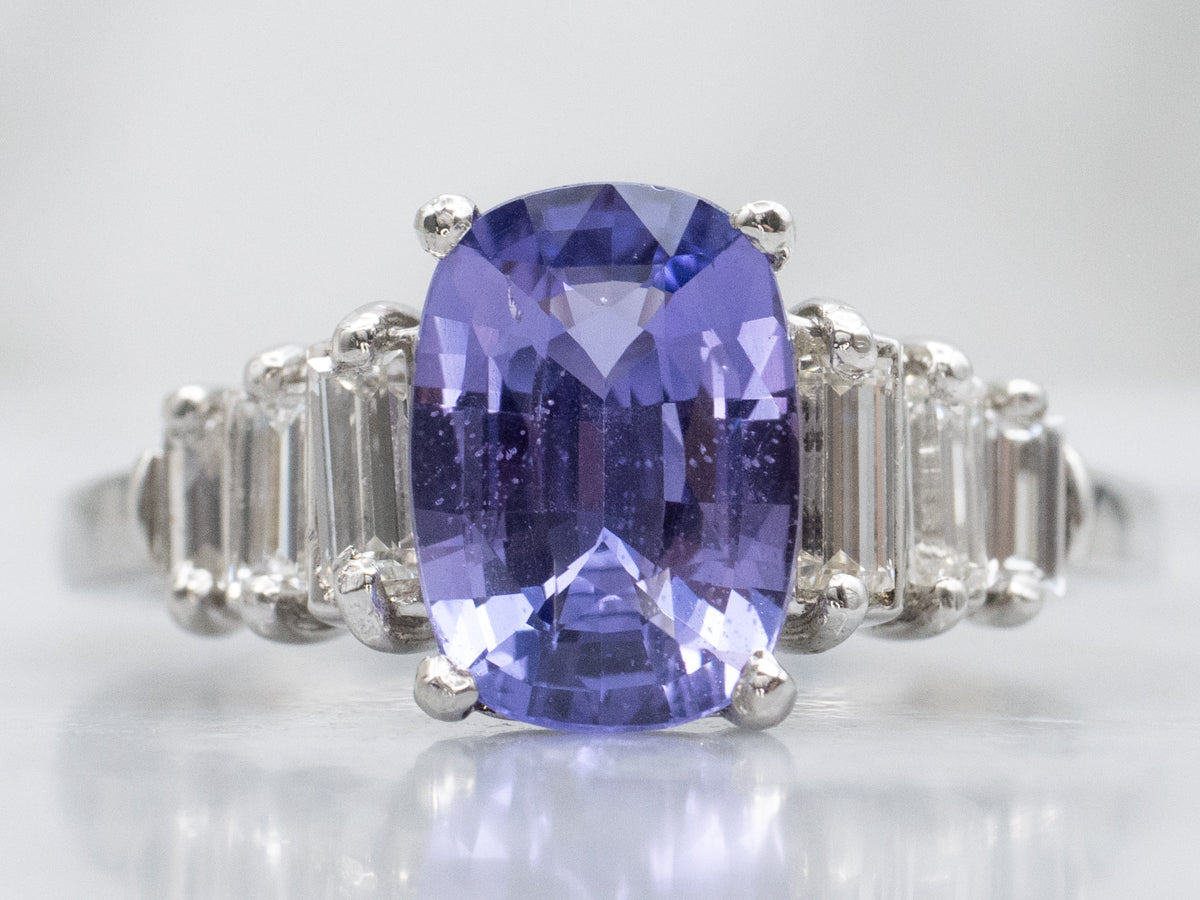 Modern Platinum Purple Sapphire and Diamond Engagement Ring