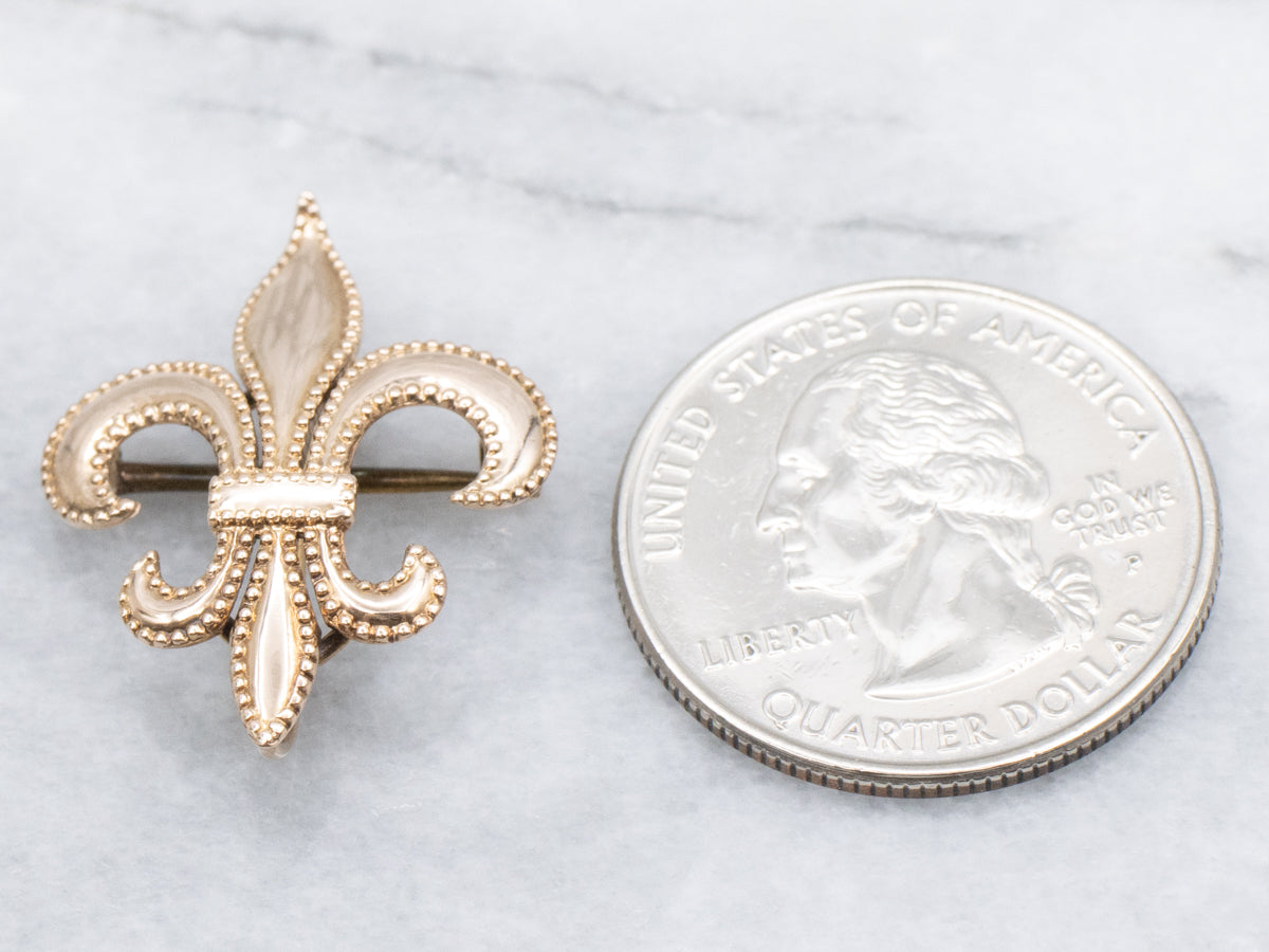 Antique Gold Fleur de Lis with Milgrain Edge Watch Pin or Pendant