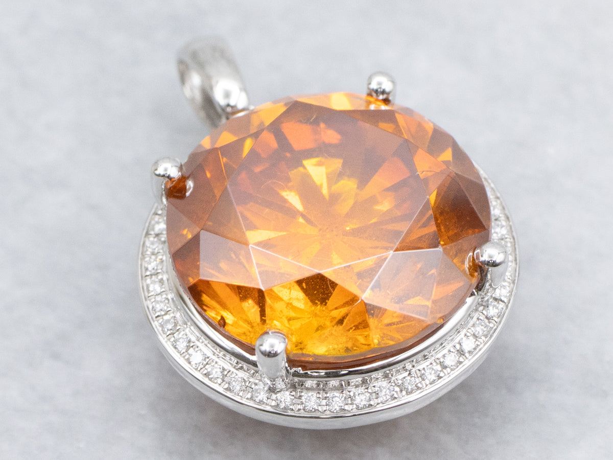 Rare Mandarin Orange Garnet and Diamond Halo Cocktail Pendant