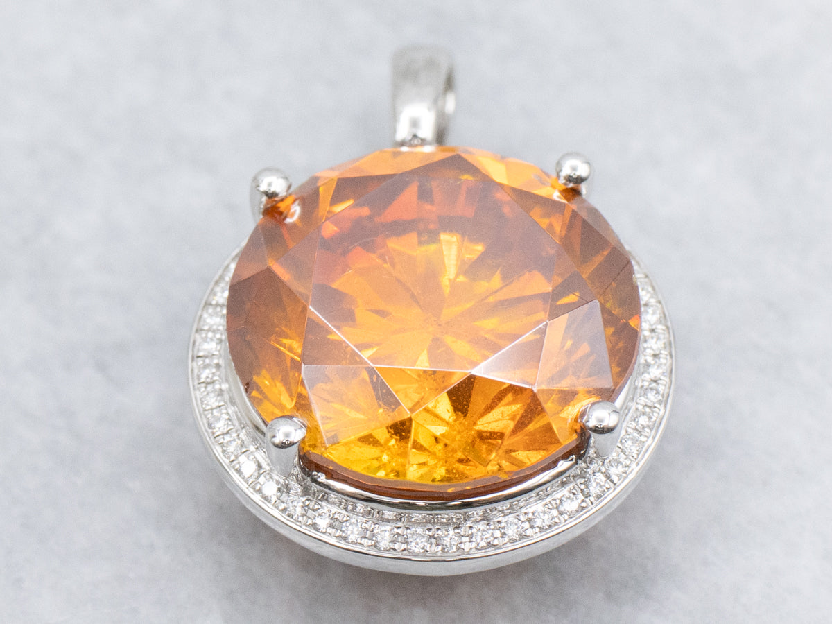 Rare Mandarin Orange Garnet and Diamond Halo Cocktail Pendant