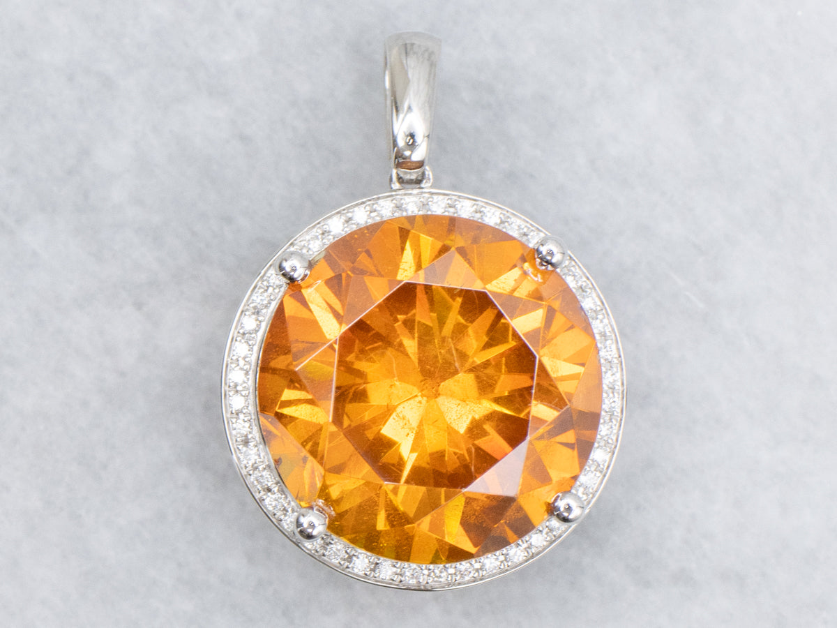 Rare Mandarin Orange Garnet and Diamond Halo Cocktail Pendant