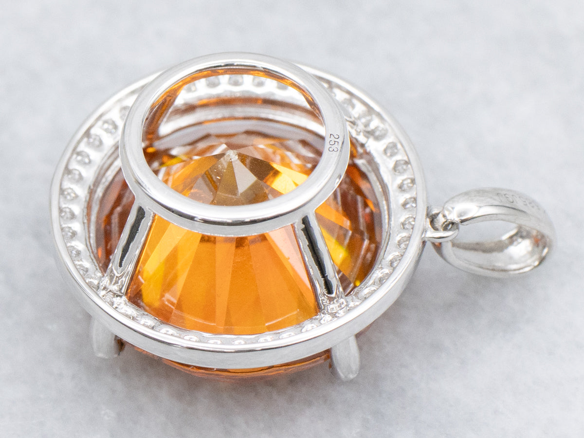 Rare Mandarin Orange Garnet and Diamond Halo Cocktail Pendant
