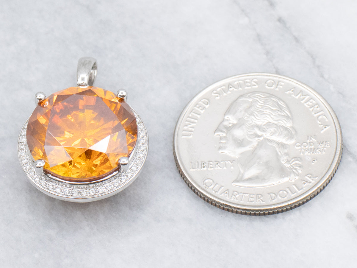 Rare Mandarin Orange Garnet and Diamond Halo Cocktail Pendant
