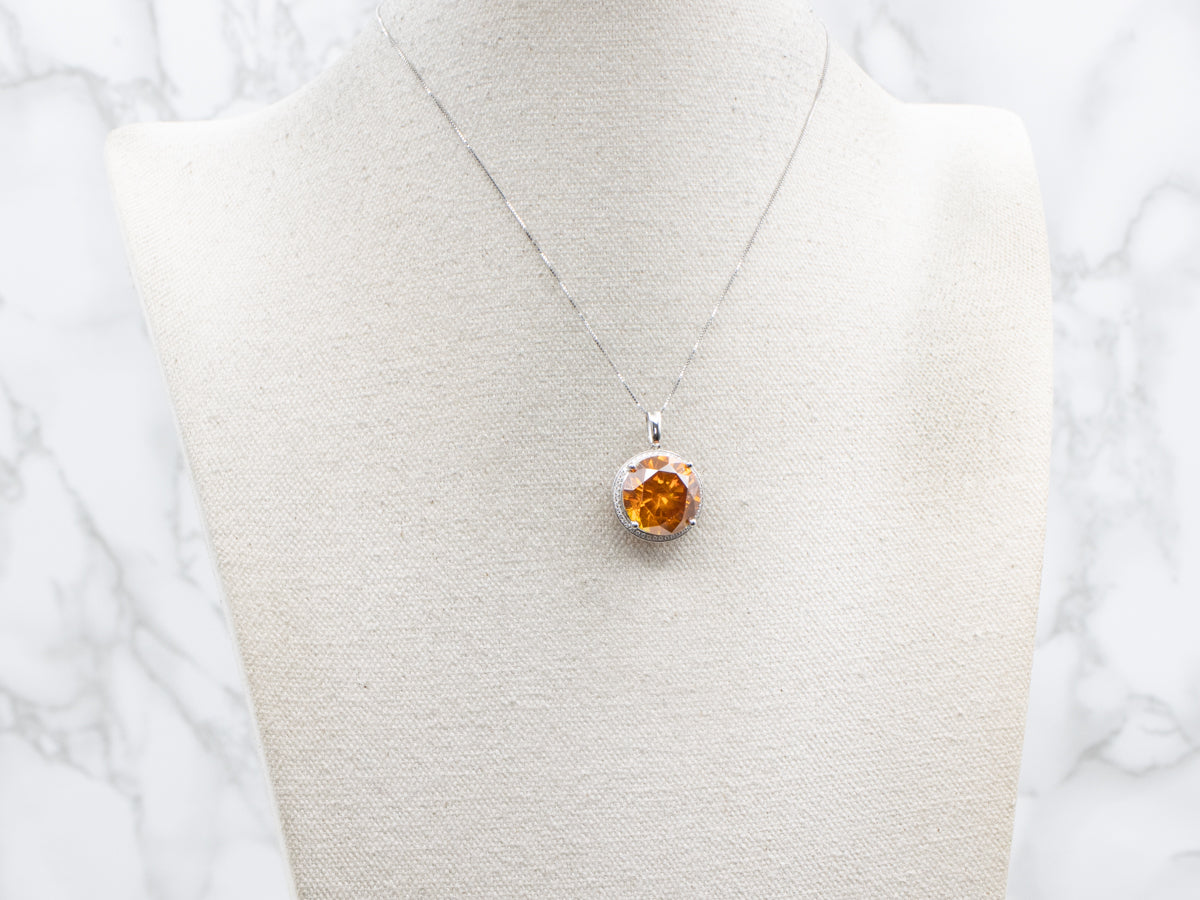 Rare Mandarin Orange Garnet and Diamond Halo Cocktail Pendant