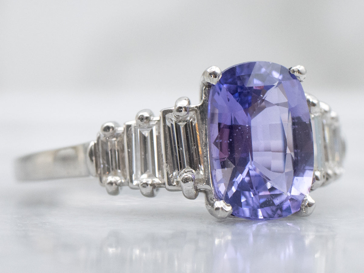 Modern Platinum Purple Sapphire and Diamond Engagement Ring