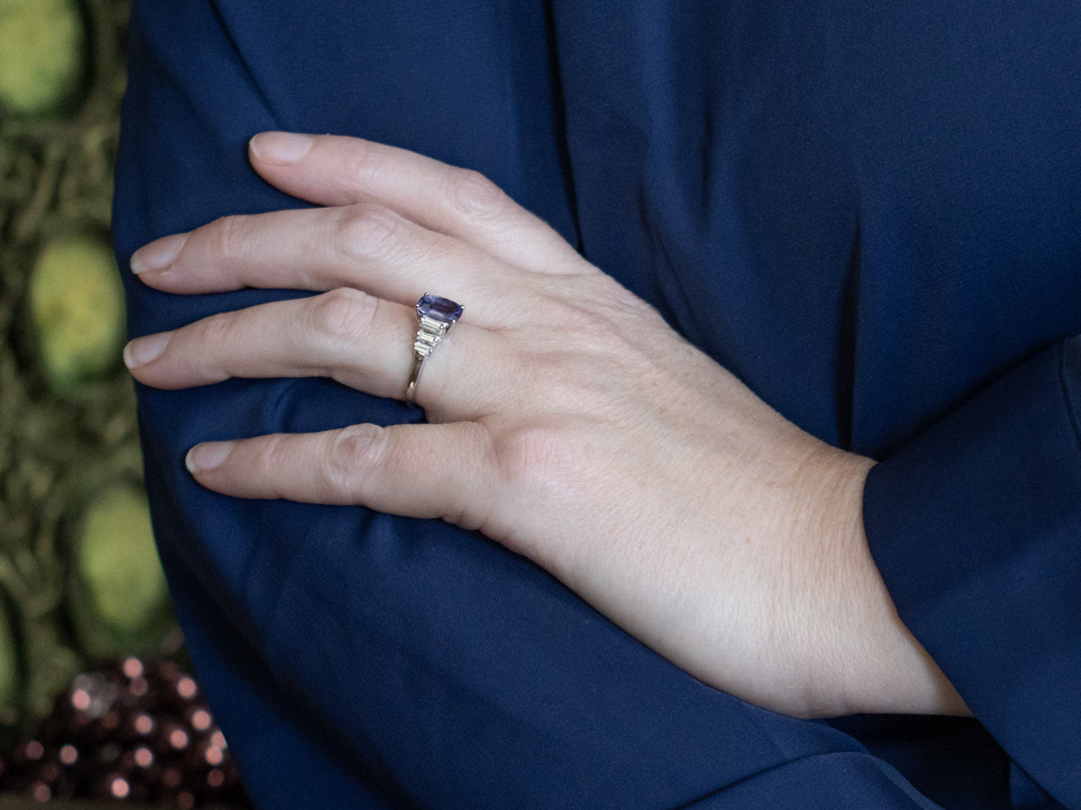 Modern Platinum Purple Sapphire and Diamond Engagement Ring