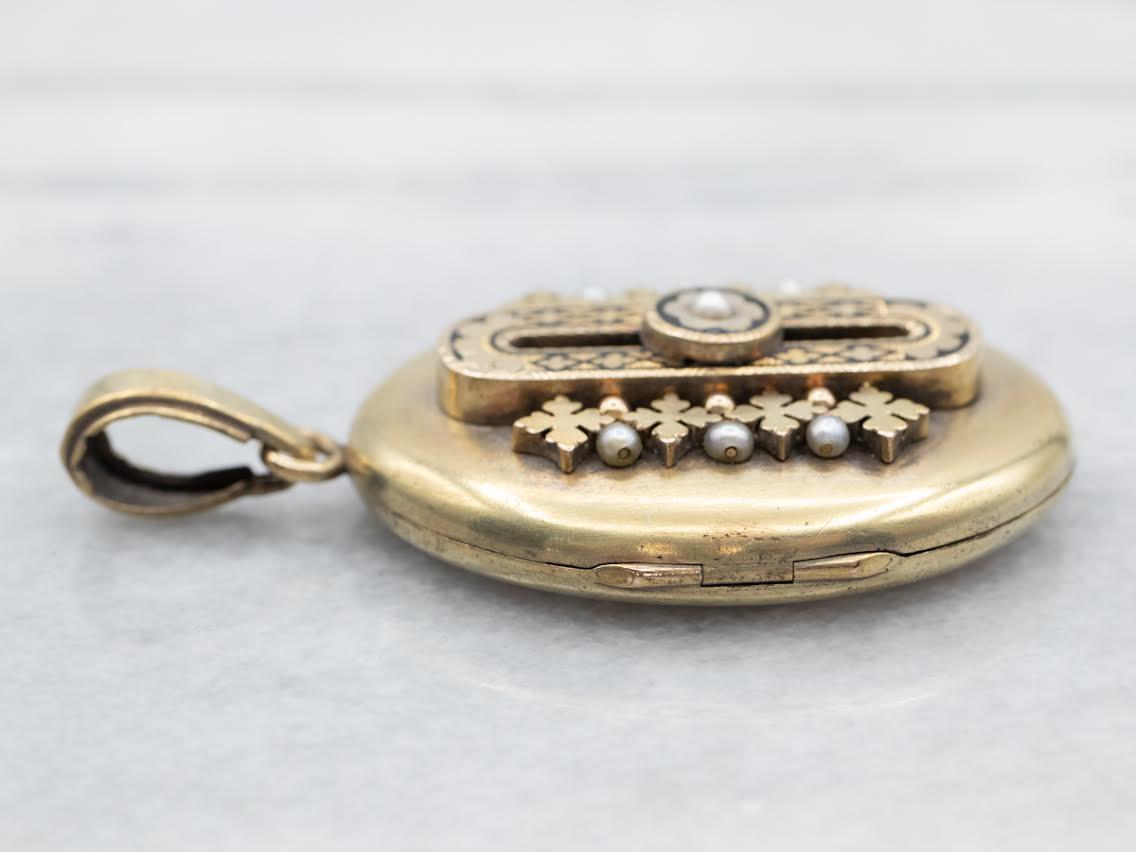 Victorian Enamel and Seed Pearls in Gold Gothic Locket