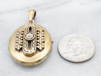 Victorian Enamel and Seed Pearls in Gold Gothic Locket