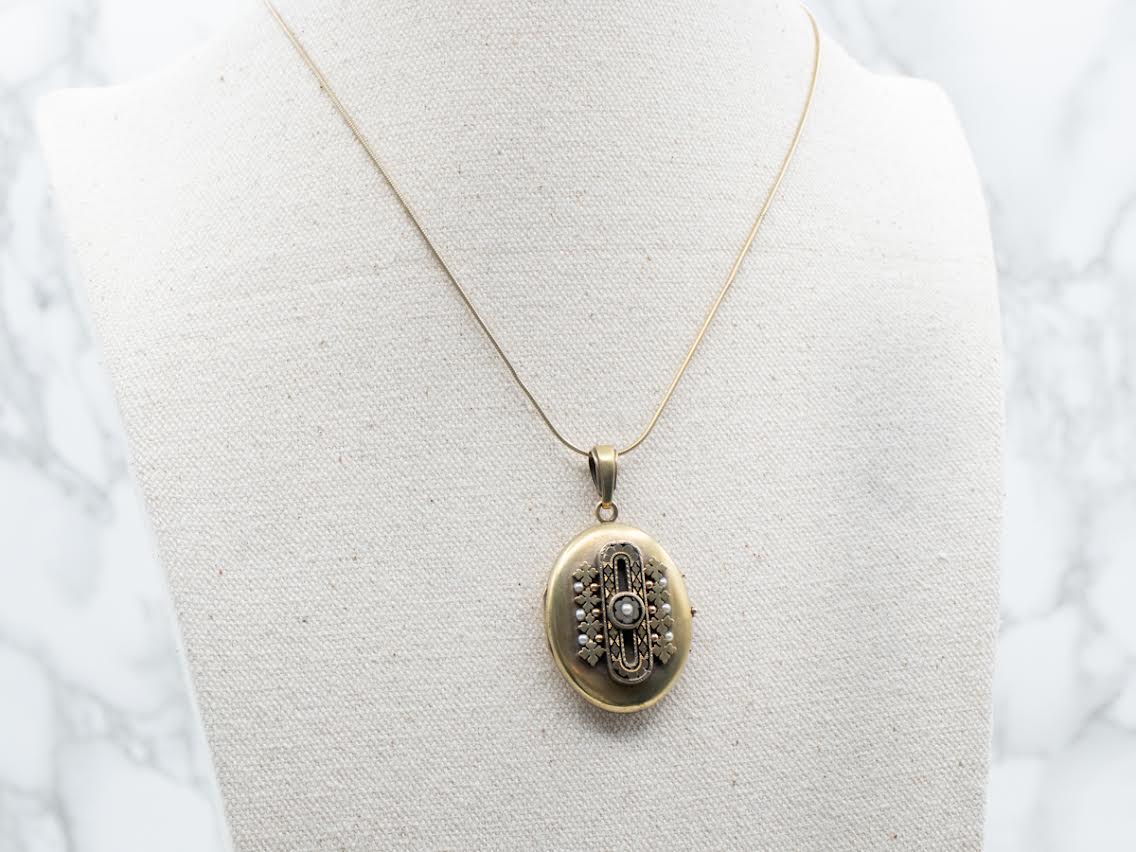 Victorian Enamel and Seed Pearls in Gold Gothic Locket