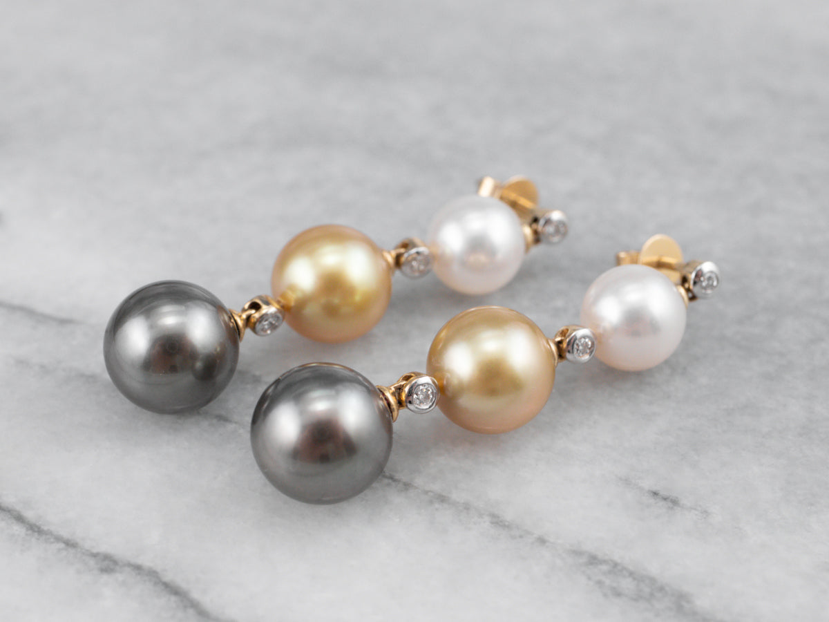 Long Multi Color Pearl and Diamond Drop Earrings