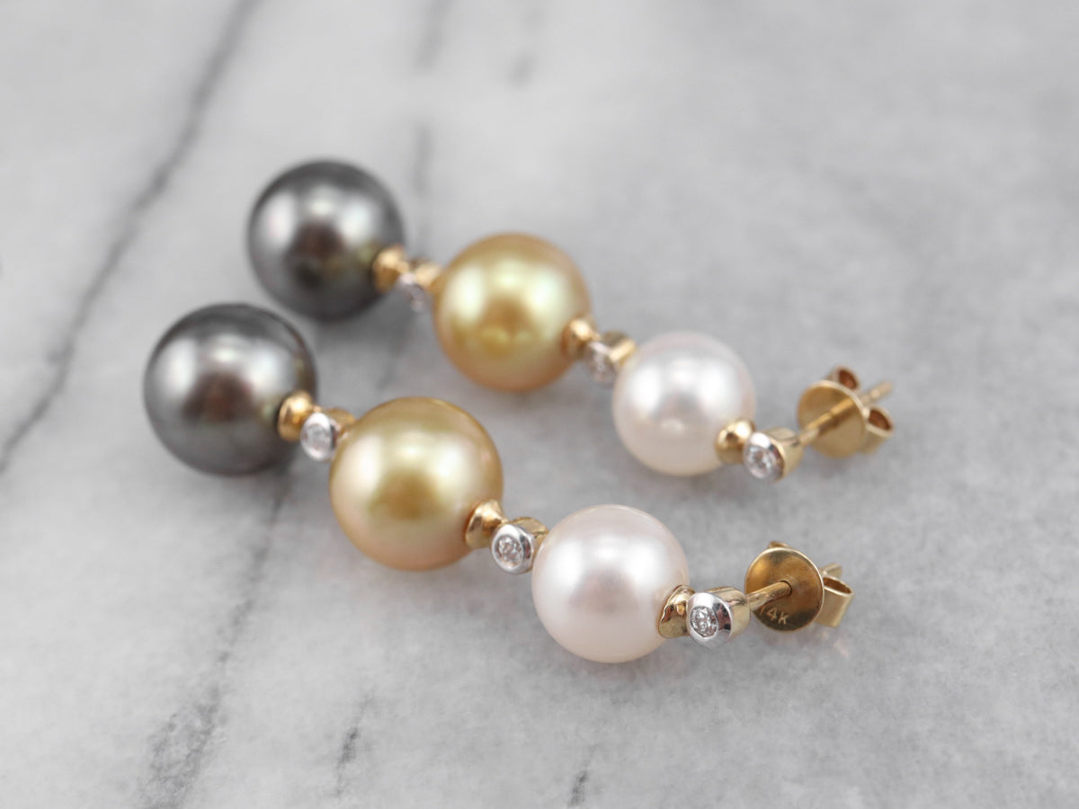 Long Multi Color Pearl and Diamond Drop Earrings