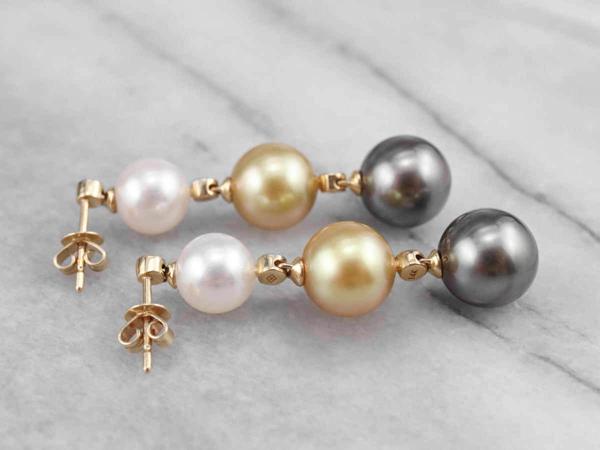 Long Multi Color Pearl and Diamond Drop Earrings