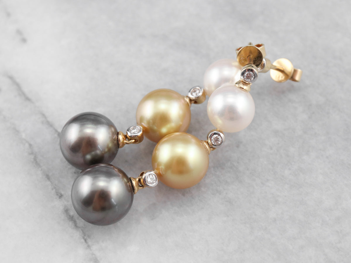 Long Multi Color Pearl and Diamond Drop Earrings