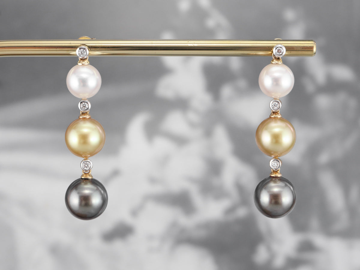 Long Multi Color Pearl and Diamond Drop Earrings