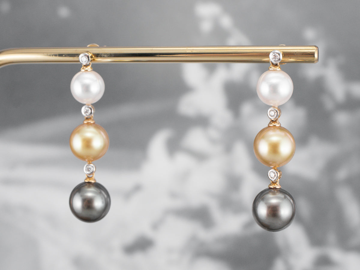 Long Multi Color Pearl and Diamond Drop Earrings