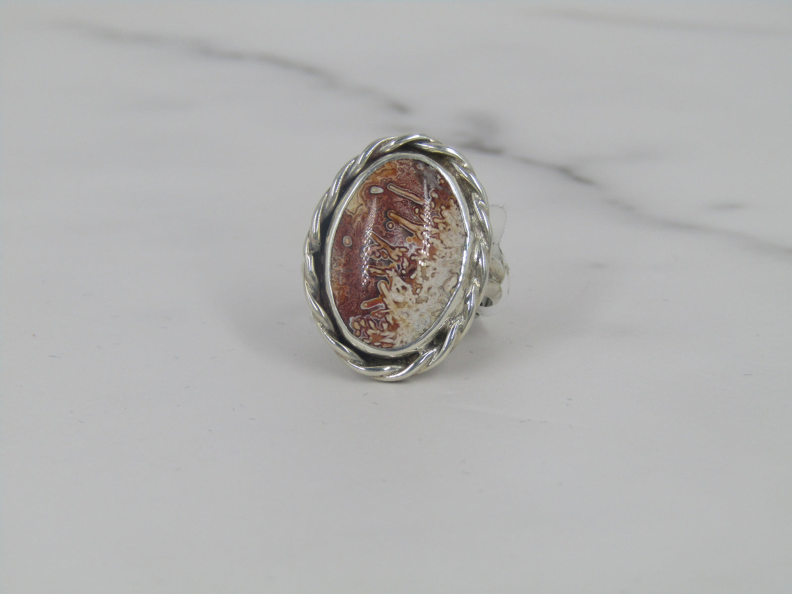 Silver Ring With Oval Lace Agate Center
