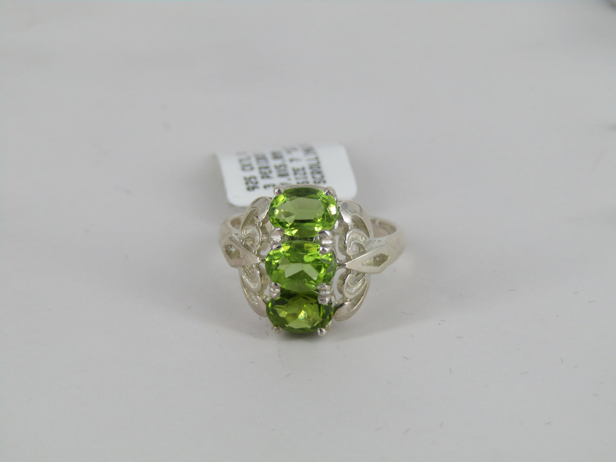 Scrolling Three Stone Silver Peridot Ring