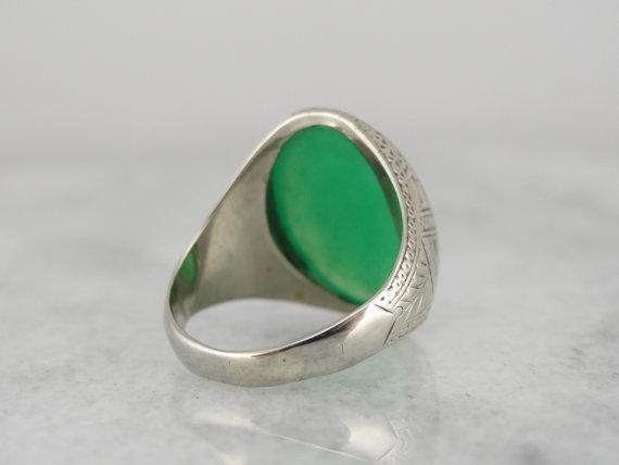 Engraved Art Deco Chrysoprase White Gold Statement Ring