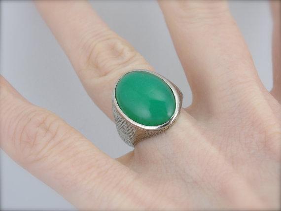 Engraved Art Deco Chrysoprase White Gold Statement Ring