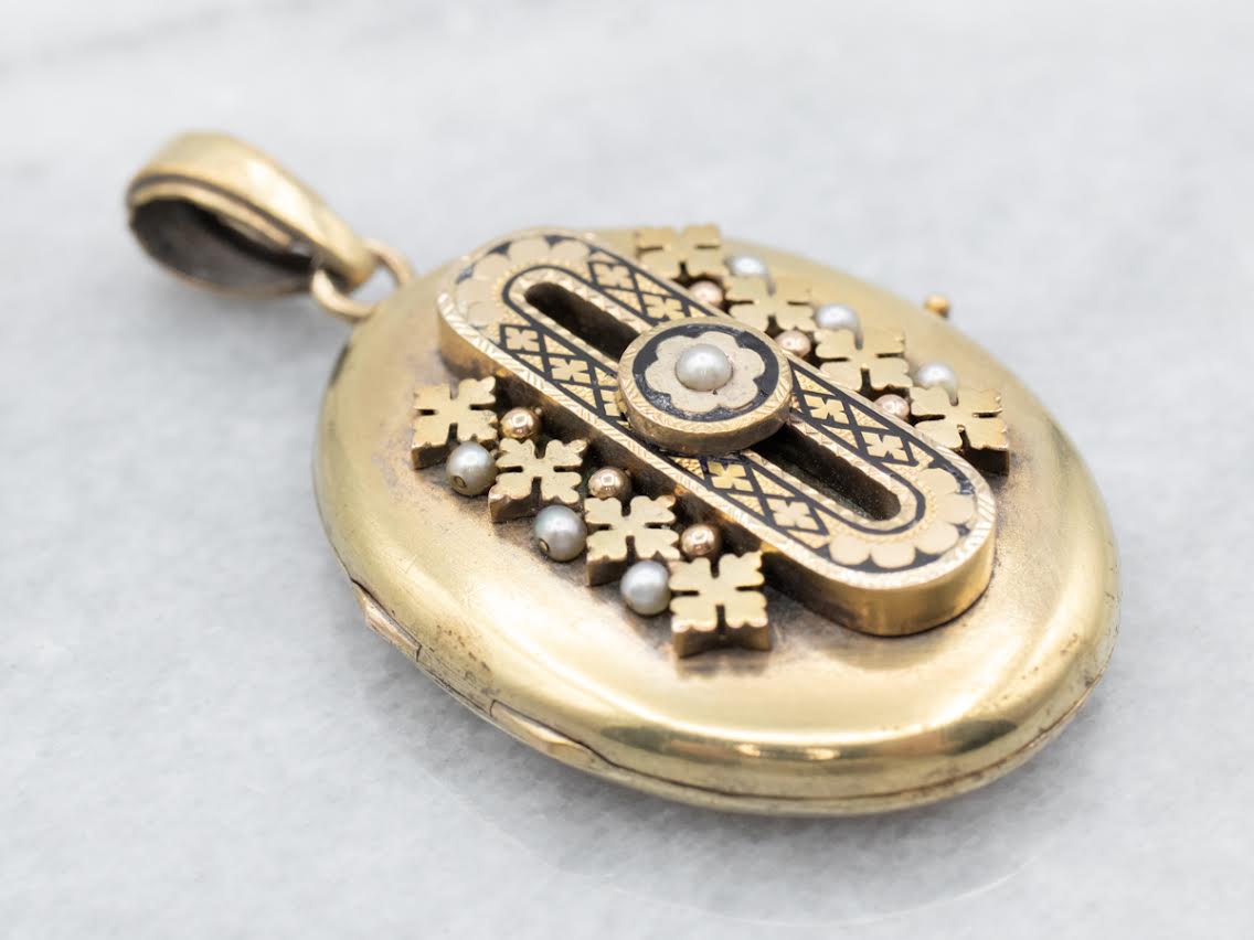 Victorian Enamel and Seed Pearls in Gold Gothic Locket
