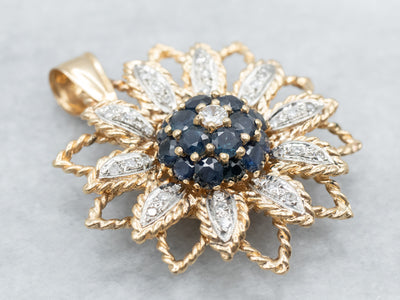 Bold Sunflower Sapphire and Diamond Cluster Pendant