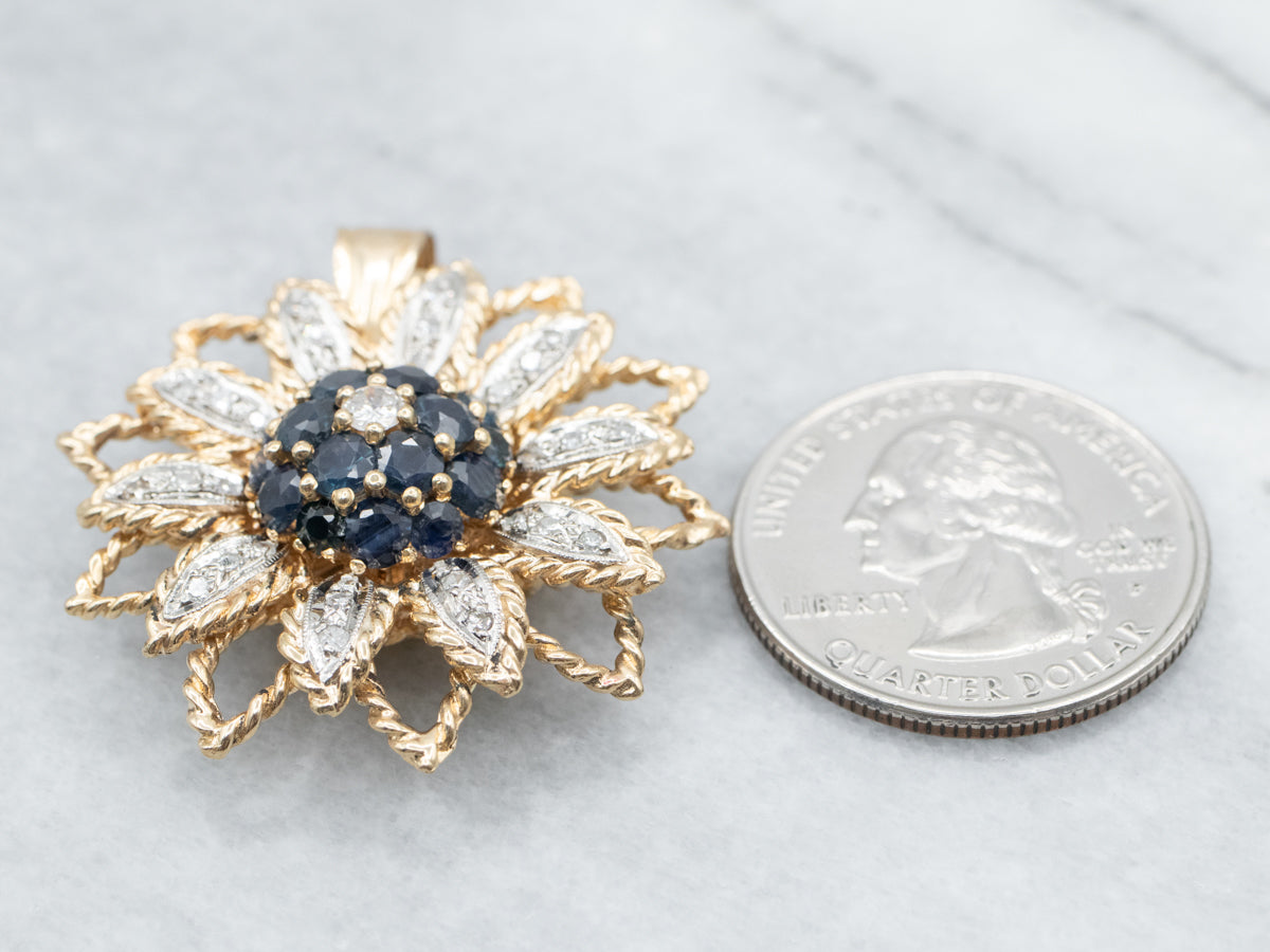 Bold Sunflower Sapphire and Diamond Cluster Pendant