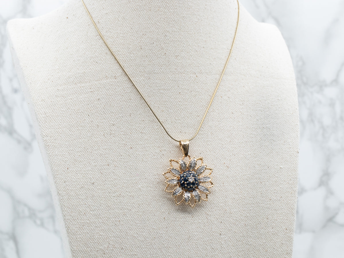 Bold Sunflower Sapphire and Diamond Cluster Pendant