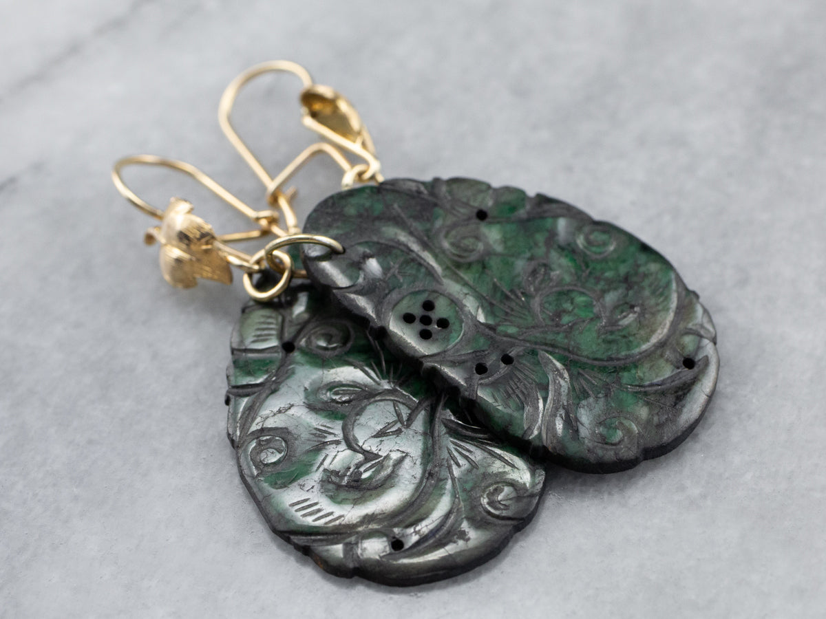 Botanical Carved Jade Gold Drop Earrings