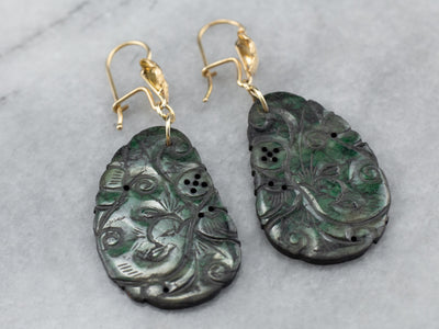 Botanical Carved Jade Gold Drop Earrings