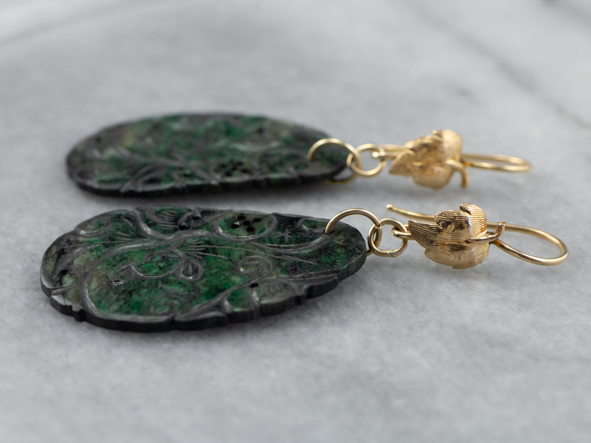 Botanical Carved Jade Gold Drop Earrings