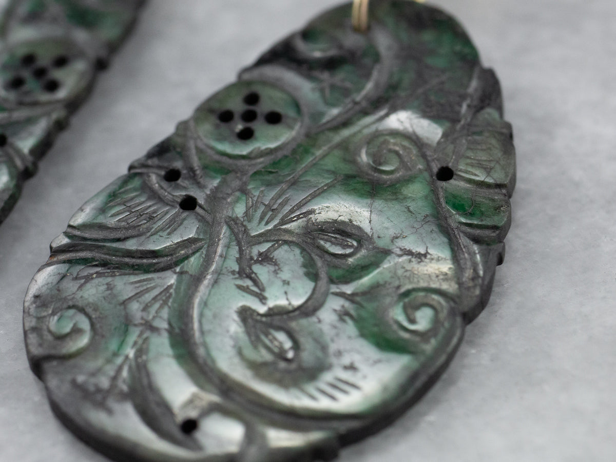Botanical Carved Jade Gold Drop Earrings