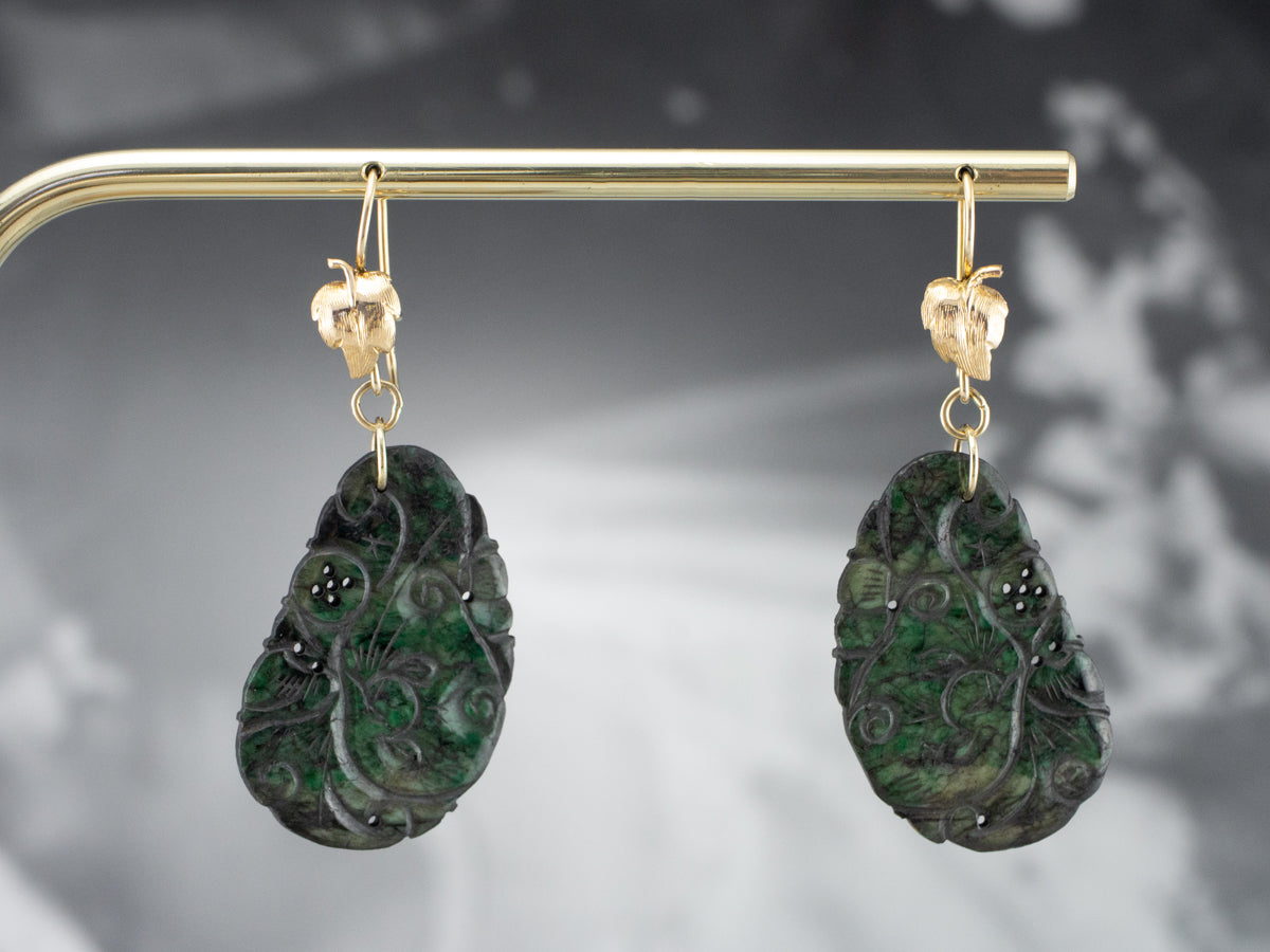 Botanical Carved Jade Gold Drop Earrings