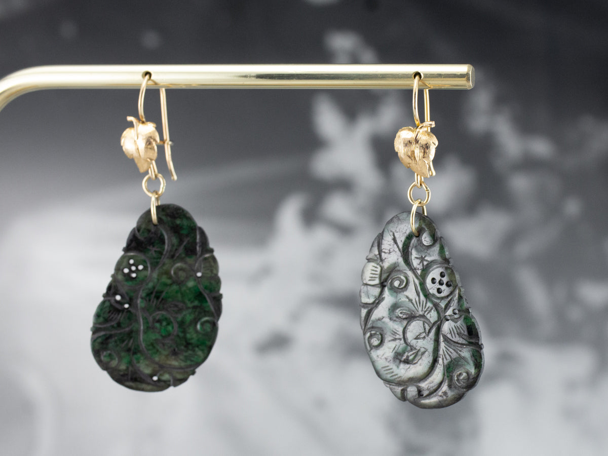 Botanical Carved Jade Gold Drop Earrings