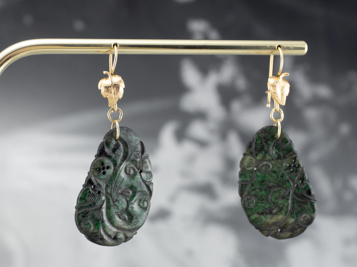 Botanical Carved Jade Gold Drop Earrings